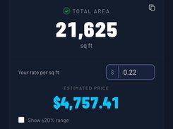 Mobile SurfaceMeasure results panel showing 21,625 sq ft, a $0.22 rate, an estimated price of $4,757.41, quote creation, and export and sharing controls.