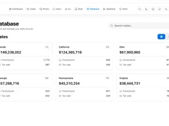 Light-theme Database page showing searchable state cards with surplus dollar totals and foreclosure and tax-sale counts.