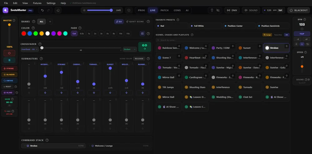 SvetoMaster Live workspace with master and submaster faders, color controls, a crossfader, scene tiles, BPM controls, and a command stack.