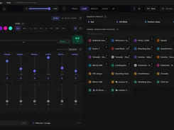SvetoMaster Live workspace with master and submaster faders, color controls, a crossfader, scene tiles, BPM controls, and a command stack.