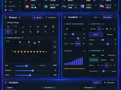 Lighting-effects editor with an Effect Library, shape selector and stage preview, gradient controls, color palettes, movement settings, and result visualizations.