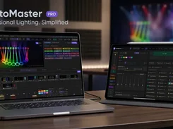 SvetoMaster Pro promotional device mockup showing a laptop and tablet with dark lighting-control interfaces and colored fixture visualizations.