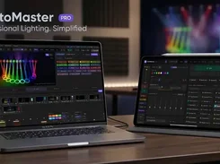 SvetoMaster Pro promotional device mockup showing a laptop and tablet with dark lighting-control interfaces and colored fixture visualizations.