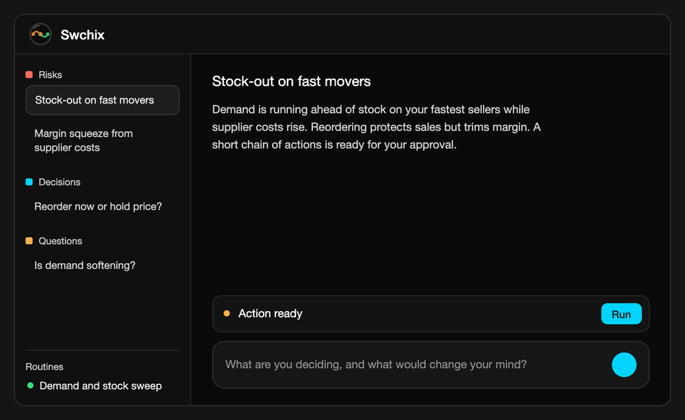 Swchix puts demand, stock and margin in one place. When a stock risk meets a pricing choice, it lines up the next steps and waits for your go-ahead before anything runs.