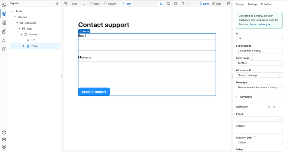 Swebsy editor with a contact-support form selected on the canvas and submission settings visible in the right panel.
