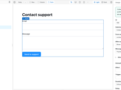 Swebsy editor with a contact-support form selected on the canvas and submission settings visible in the right panel.