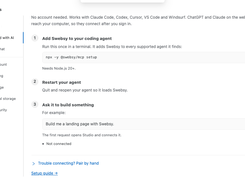 Swebsy settings screen explaining how to add Swebsy to a coding agent, restart the agent, and send a build request.