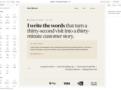 Swebsy editor showing a freelancer website template for Alex Mercer, with component controls on the left and design controls on the right.