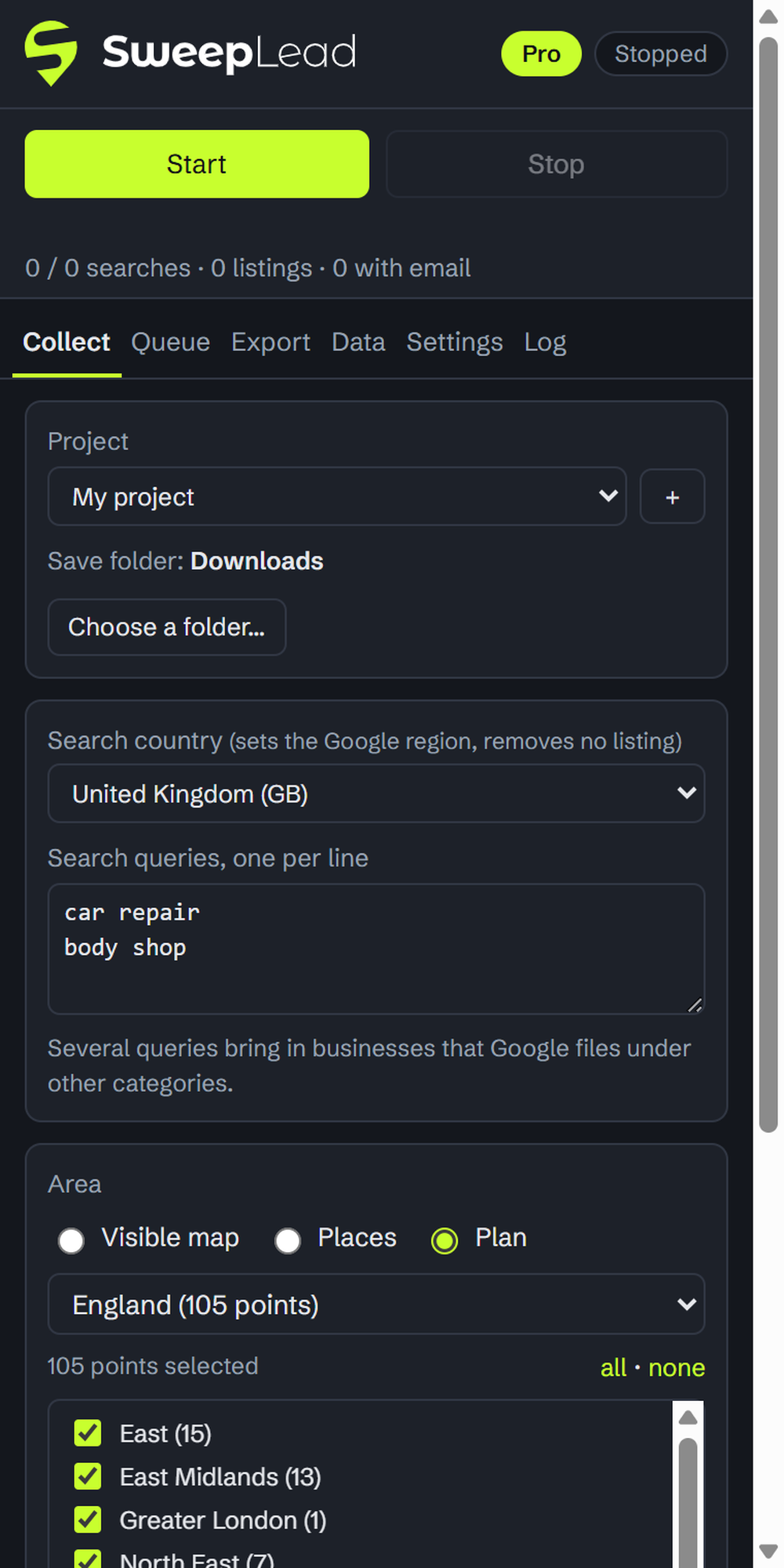 SweepLead’s dark-themed Collect screen with project selection, United Kingdom search settings, search queries, and England area plan options.