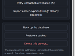 SweepLead’s Data screen showing project collection totals, retry and backup controls, data-retention settings, and an exclusion-list form with example entries.