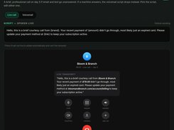 Dark-mode Swipe Again calls and voicemail configuration screen with a payment-update call script and a live-call transcript preview.