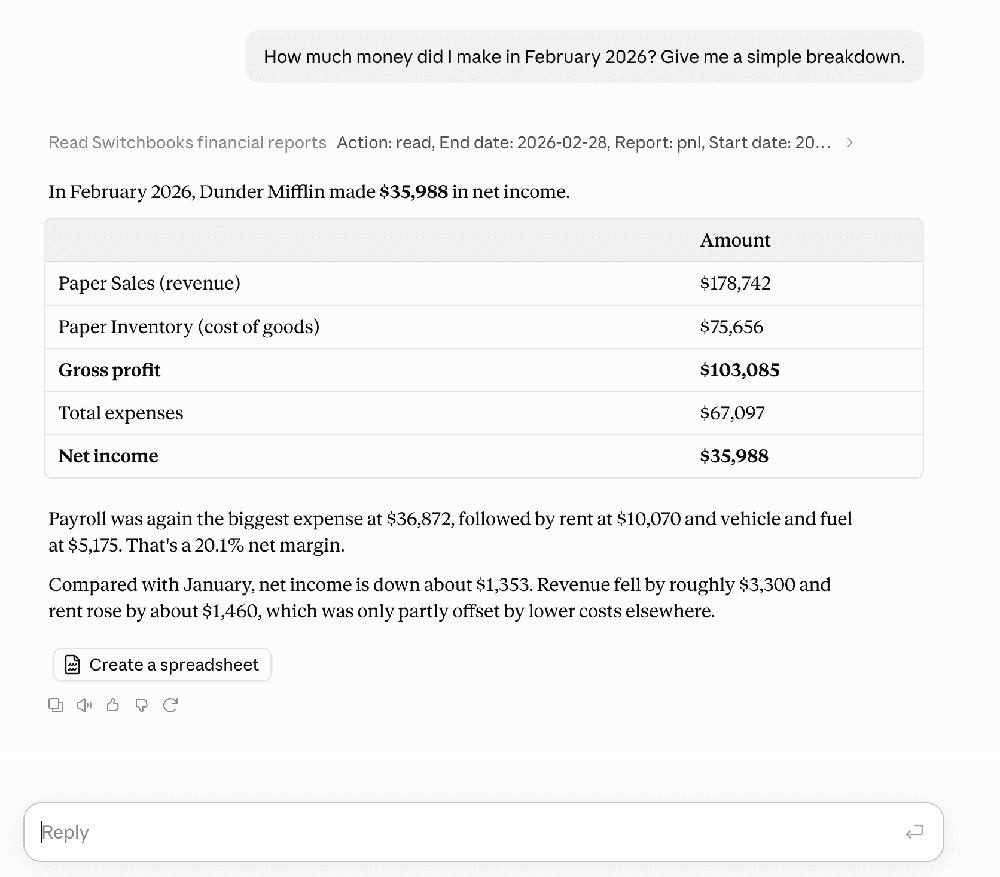 A Switchbooks financial-report chat response showing a February 2026 profit-and-loss breakdown for Dunder Mifflin, including revenue, costs, gross profit, expenses, and net income.