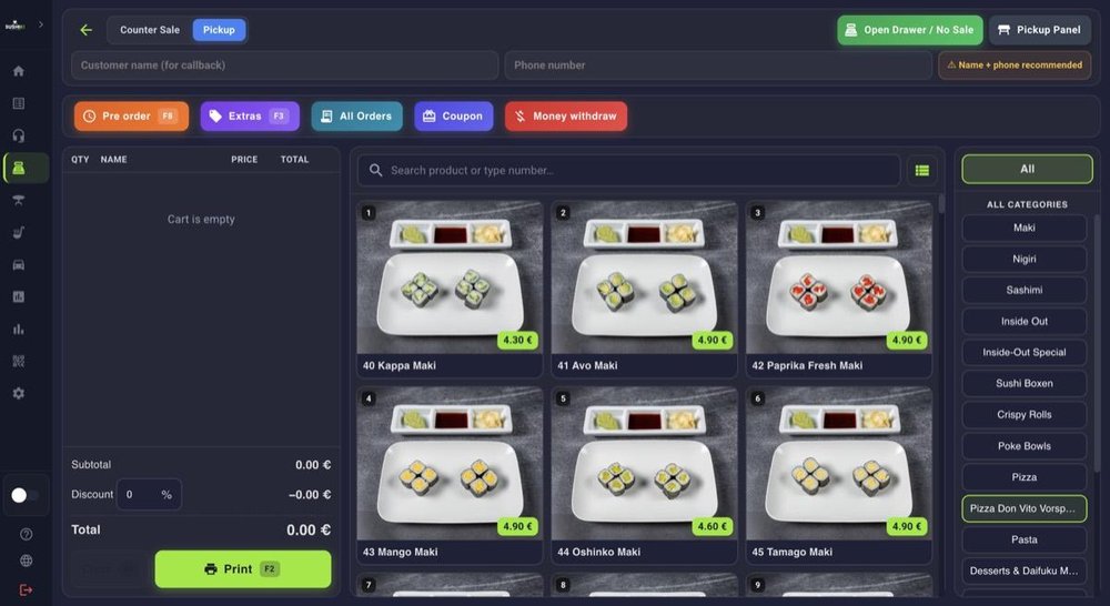 Dark-themed point-of-sale screen with sushi product tiles, category filters, an empty cart, and order controls.