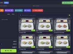 Dark-themed point-of-sale screen with sushi product tiles, category filters, an empty cart, and order controls.
