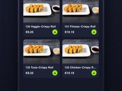 Mobile menu screen with category tabs and a grid of sushi roll items with prices and add buttons.