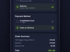 Mobile checkout screen offering takeaway or delivery and card or cash payment options, with an order summary and Place Order button.