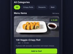 Mobile food-ordering home screen showing a sushi roll item, category tabs, search, cart total, and an Add to Cart button.