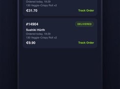 Mobile My Orders screen listing two sushi orders with confirmed and delivered status labels and tracking links.