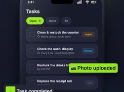 Mobile staff tasks screen listing cleaning, display-checking, drink-restocking, and receipt-roll tasks with status filters.