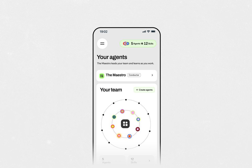 Symphony mobile screen titled "Your agents," showing a Maestro agent card and a circular team-and-skills visualization.
