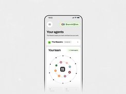 Symphony mobile screen titled "Your agents," showing a Maestro agent card and a circular team-and-skills visualization.