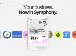 Symphony by Wix promotional image showing a mobile business dashboard with a revenue chart, job summary, and surrounding app icons.