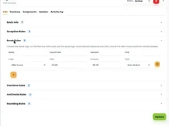 Shift-template edit screen with the Break Rules section expanded, showing an after-hours automatic deduction rule.