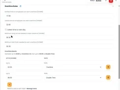 Shift-template overtime rules screen with start and end time fields and overtime-band rate dropdowns.