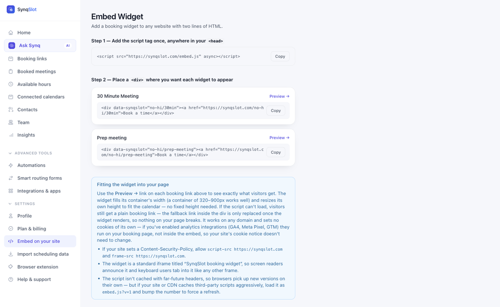 SynqSlot dashboard page for embedding booking widgets, with script and widget code snippets.
