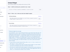 SynqSlot dashboard page for embedding booking widgets, with script and widget code snippets.