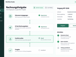 T-NEX Workflow Studio screen for invoice approval, showing a four-step workflow from document receipt and AI data extraction through review and approval, plus a case-details panel.