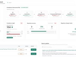 T-NEX Compliance & Audit Dashboard showing compliance health, a workflow rail, audit portfolio, regulatory changes, and recent updates.
