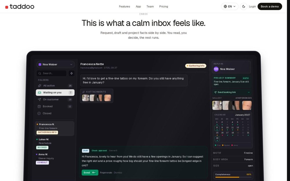 The AI inbox: request, draft reply and structured project facts side by side