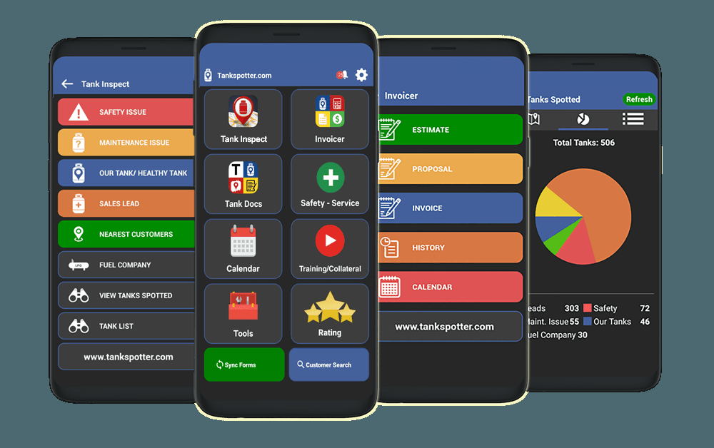 Four phone mockups display TankSpotter screens for Tank Inspect, the app launcher, Invoicer, and Tanks Spotted analytics.