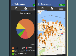 Two phone mockups show the Tanks Spotted app views: a pie chart labeled Total Tanks: 506 and a map filled with orange location pins.
