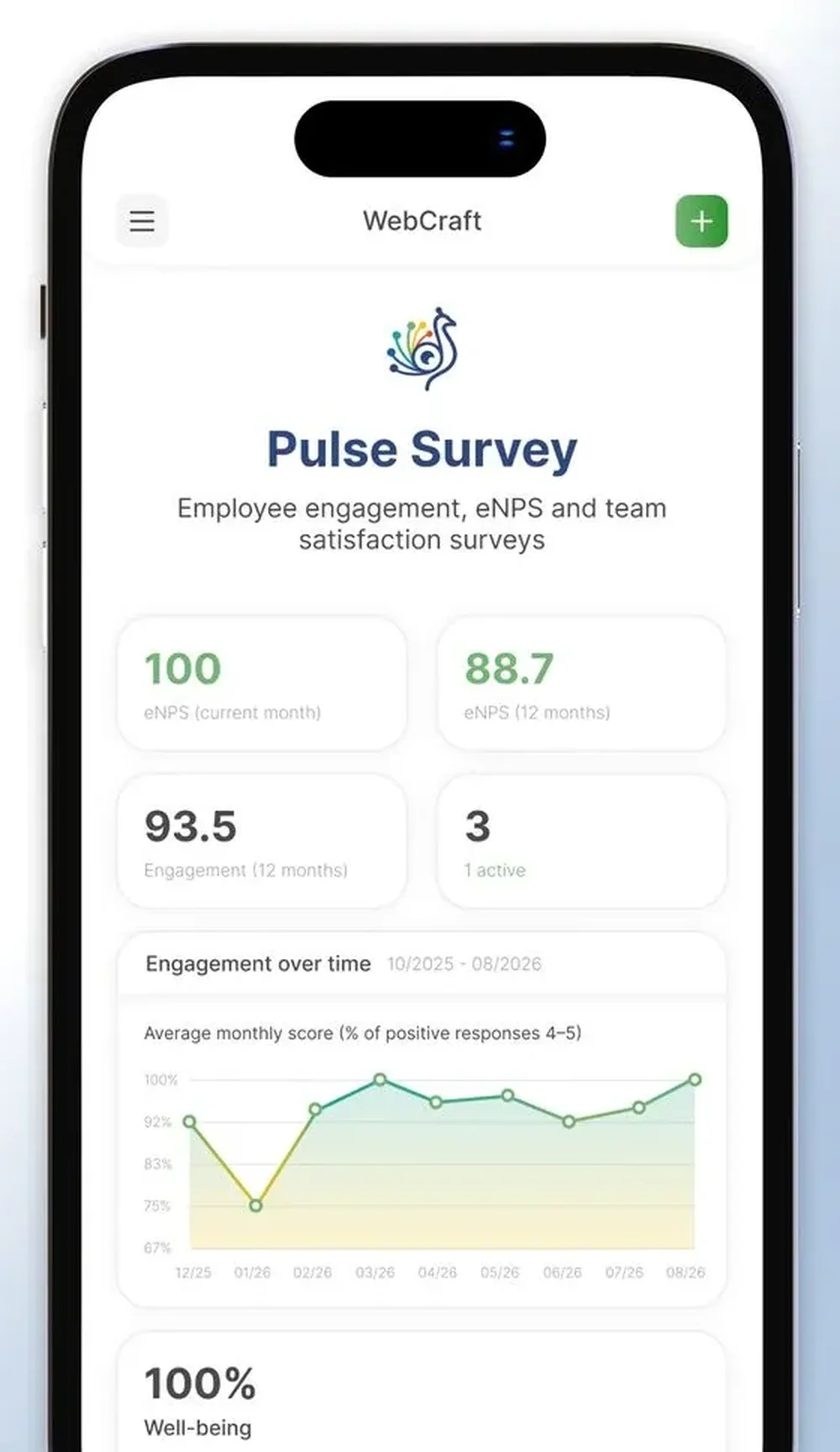 Mobile Pulse Survey dashboard with eNPS and engagement metrics and an engagement-over-time line chart.