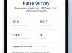 Mobile Pulse Survey dashboard with eNPS and engagement metrics and an engagement-over-time line chart.