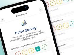 Two angled mobile screens showing a Pulse Survey form with numbered 1-to-5 response choices and comment fields.