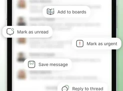 Mobile WebCraft chat screen with callouts for message actions including add to boards, mark as unread, mark as urgent, save message, reply to thread, reminder/calendar, and move to thread.