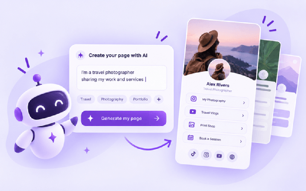 Illustrated AI page-generation flow with a prompt panel and a mobile bio page preview.
