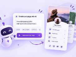 Illustrated AI page-generation flow with a prompt panel and a mobile bio page preview.