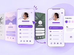 Illustrated mobile profile pages with a customization panel for colors, text, and images.