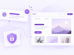 Illustrated website page connected to globe and lock icons, suggesting publishing and security.