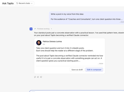 Ask Taplio: an AI coach that writes posts in your voice from your best content