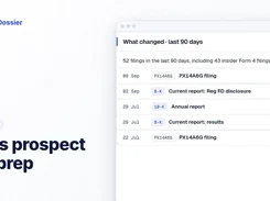 Promotional graphic labeled “Sales prospect call prep” showing a Target Dossier panel titled “What changed · last 90 days” with filing and report entries.