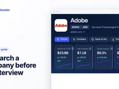 Promotional graphic labeled “Research a company before an interview” showing a dark Target Dossier Adobe profile interface with financial metric cards.