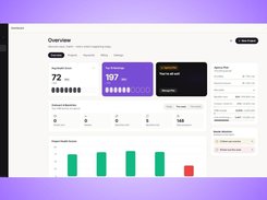 A screenshot of the central TaskGlaze user dashboard under the Bluelinks Agency account. It features a scannable summary layout displaying an overall SEO health score of 72/100, keyword rankings in the top 10 (197 active keywords), CRM pipeline health graphs, active agency limits, and an automated checklist for tasks needing attention.