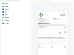Invoice settings: choose which company fields print, with a live preview of the PDF invoice