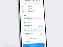 Parts search by model number — catalog matches beside what is already in the van