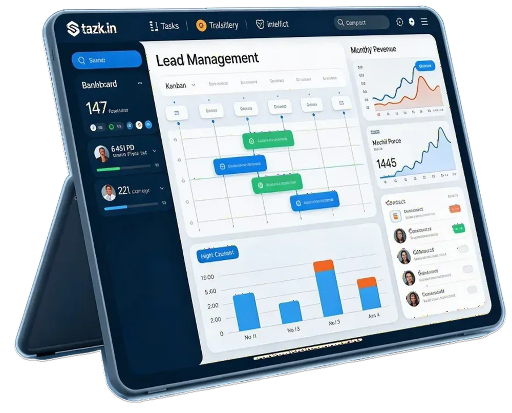 TAZK lead-management dashboard displayed on a tablet, with a sidebar, kanban-style lead board, revenue charts, contact list, and bar chart.